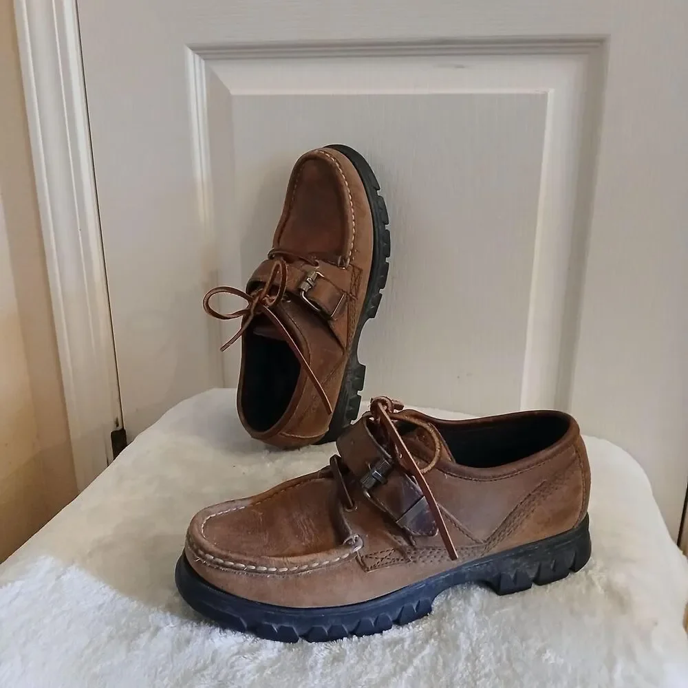 Y2K Vintage Ralph Lauren Brown Leather Buckle Strap Lug Sole Shoes 9 Preppy